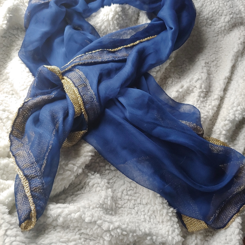 NWOT Blue Scarf Wrap w/ Gold Trim